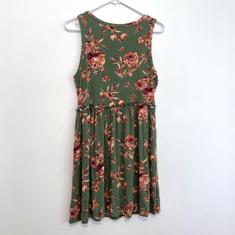 LILY ROSE Olive Green Peach Orange Floral Ruffle Sleeveless Mini Fit Flare Dress - Picture 10 of 12